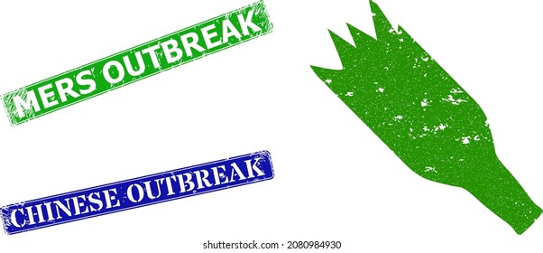 Grunge crashed beer bottle icon and rectangular unclean Mers Outbreak stamp. Vector green Mers Outbreak and blue Chinese Outbreak seals with unclean rubber texture,