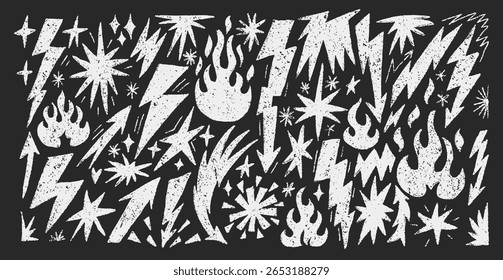 Grunge Crayon Doodle Elements with Flames, Arrows, and Lightning Icons