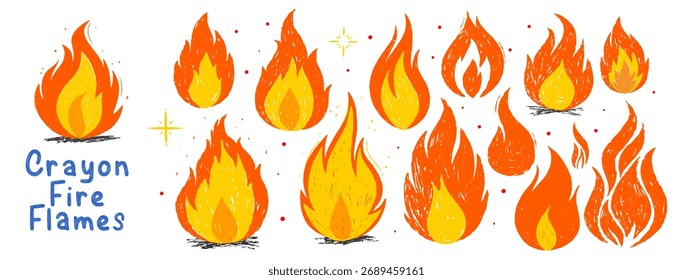 Colección de llamas de fuego de crayón de grunge. Estilo punk dibujado a mano. Vector doodle Elementos y pegatinas
