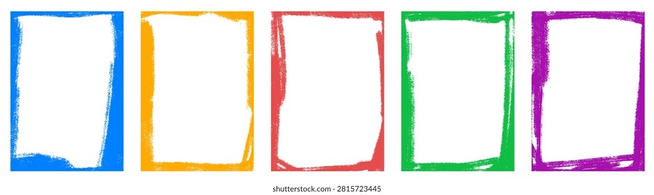 Grunge crayon frames with gritty kid doodle borders in childish drawn look. Multi color photo frame set in blue, red, yellow, green and purple strokes. Vector grunge collection for school decoration.