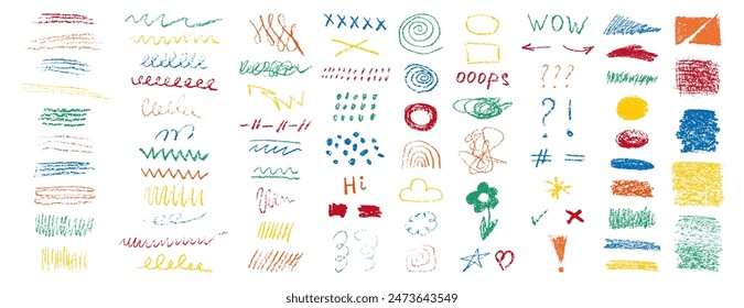 Grunge crayon hand drawn scribbles and scrawls vector set. Children hand drawn sketch, bold charcoal freehand stripes, crazy hatches and paint shapes. Each element is united and isolated. 