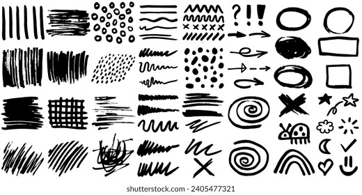 Grunge crayon or marker doodle scribbles. Bold charcoal freehand stripes, crazy hatches and paint shapes: ovals, rectangles, stars and crosses. Each vector element is united and isolated.