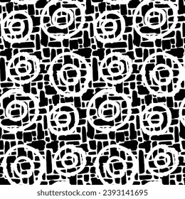 Grunge Crazy Spotty seamless pattern with hand drawn abstract spiral symbols. Ornament for printing on fabric, cover and packaging. Simple black and white vector ornament isolated on white background