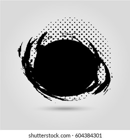 Grunge creative painted circle for logo, label, branding. Black brush stain texture. Halftone design. Vector illustration.