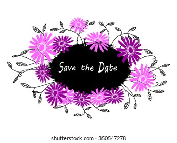 Grunge creative Save the Date card or print - calligraphy text on watercolor blotch with black branch with leaf and pink flowers around. Trendy flourish background for young. Vector design element. 