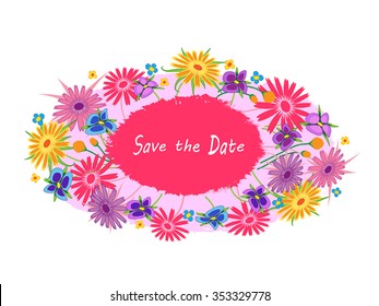 Grunge creative Save the Date card or print - calligraphy text on watercolor blotch with black branch with leaf and pink flowers around. Trendy flourish background for young. Vector design element. 