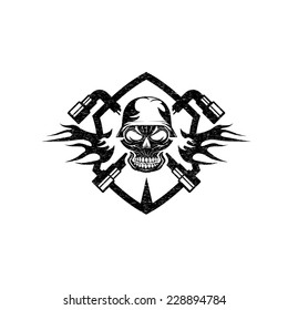 grunge crest with skull in helmet and spanners
