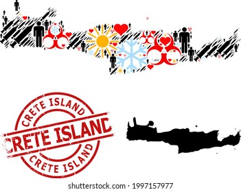 Grunge Crete Island badge, and lovely patients vaccine mosaic map of Crete Island. Red round stamp includes Crete Island title inside circle. Map of Crete Island mosaic is organized from snow, sun,