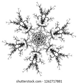 Grunge crooked tree branches without leaves silhouettes in round ornament.