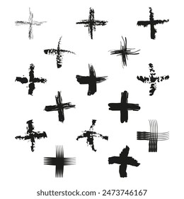 Grunge cross icons. Rough brush strokes. Black vector elements. Abstract design.