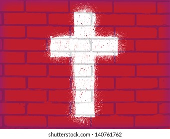 Grunge cross on the brick wall