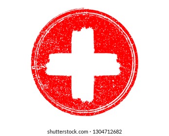 Grunge cross in red circle. Medical, hospital sign . Swiss flag symbol . Vector