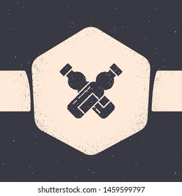Grunge Crossed bottle of water icon isolated on grey background. Soda aqua drink sign. Monochrome vintage drawing. Vector Illustration