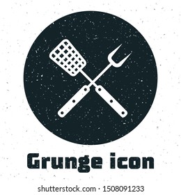 Grunge Crossed fork and spatula icon isolated on white background. BBQ fork and spatula sign. Barbecue and grill tools.  Vector Illustration