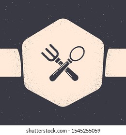 Grunge Crossed fork and spoon icon isolated on grey background. Cooking utensil. Cutlery sign. Monochrome vintage drawing. Vector Illustration