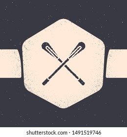 Grunge Crossed paddle icon isolated on grey background. Paddle boat oars. Monochrome vintage drawing. Vector Illustration
