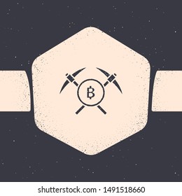 Grunge Crossed pickaxe icon isolated on grey background. Blockchain technology, cryptocurrency mining, bitcoin, altcoins, digital money market. Monochrome vintage drawing. Vector Illustration