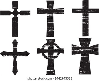 Grunge Crosses Collection. Symbol of Jesus Christ, christians and christianity. Vector Distressed Textures Set. Blank Shapes. Vector Illustration. Black isolated on white background. EPS10.