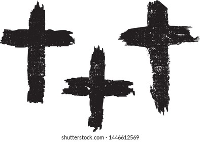 Grunge Crosses Collection. Symbol of Jesus Christ, christians and christianity. Vector Distressed Textures Set. Blank Shapes. Vector Illustration. Black isolated on white background. EPS10.