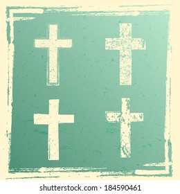 Grunge crosses isolated on green background. Vector illustration.