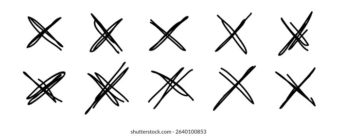 Grunge crosses, X marks, emphasis accentuation hand-drawn elements. Rejected sign marker striking out reject sign, sketchy brush stroke. Isolated. Vector illustration