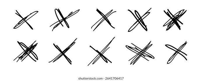 Grunge crosses, X marks, emphasis accentuation hand-drawn elements. Rejected sign marker striking out reject sign, sketchy brush stroke. Isolated. Vector illustration