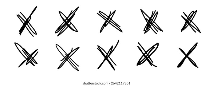 Grunge crosses, X marks, emphasis accentuation hand-drawn elements. Rejected sign marker striking out reject sign, sketchy brush stroke. Isolated. Vector illustration