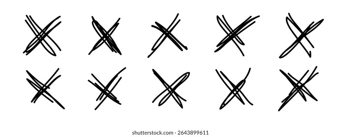 Grunge crosses, X marks, emphasis accentuation hand-drawn elements. Rejected sign marker striking out reject sign, sketchy brush stroke. Isolated. Vector illustration