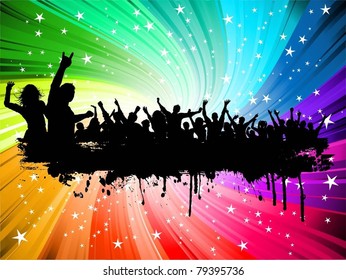 Grunge crowd on a starburst background