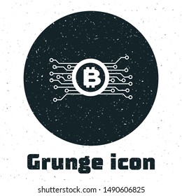 Grunge Cryptocurrency bitcoin in circle with microchip circuit icon isolated on white background. Blockchain technology, digital money market.  Vector Illustration