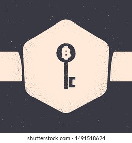 Grunge Cryptocurrency Bitcoin key icon isolated on grey background. Concept of cyber security or digital key with technology interface. Monochrome vintage drawing. Vector Illustration