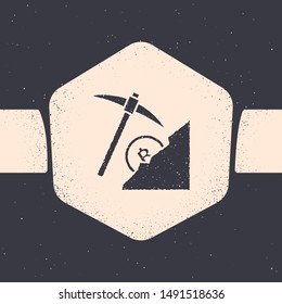 Grunge Cryptocurrency cloud mining icon isolated on grey background. Cloud with pickaxe, bitcoin, digital money market, cryptocoin wallet. Monochrome vintage drawing. Vector Illustration