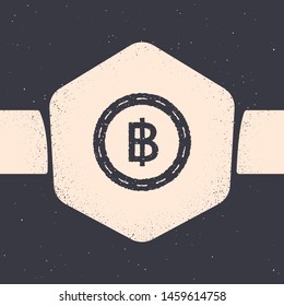Grunge Cryptocurrency coin Bitcoin icon isolated on grey background. Blockchain technology, bitcoin, digital money market, cryptocoin wallet. Monochrome vintage drawing. Vector Illustration