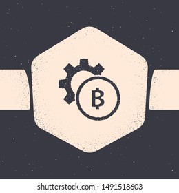 Grunge Cryptocurrency coin Bitcoin icon isolated on grey background. Gear and Bitcoin setting. Blockchain based secure crypto currency. Monochrome vintage drawing. Vector Illustration