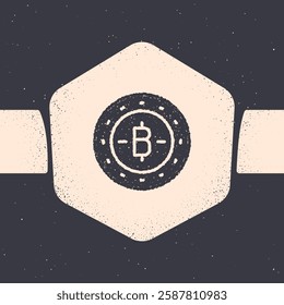 Grunge Cryptocurrency coin Bitcoin icon isolated on grey background. Physical bit coin. Blockchain based secure crypto currency. Monochrome vintage drawing. Vector