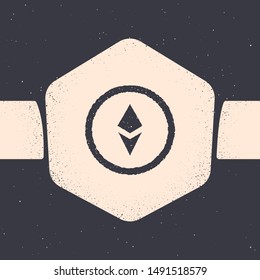 Grunge Cryptocurrency coin Ethereum ETH icon isolated on grey background. Altcoin symbol. Blockchain based secure crypto currency. Monochrome vintage drawing. Vector Illustration