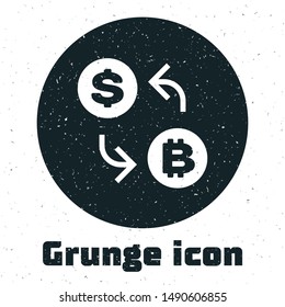 Grunge Cryptocurrency exchange icon isolated on white background. Bitcoin to dollar exchange icon. Cryptocurrency technology, mobile banking.  Vector Illustration