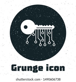Grunge Cryptocurrency key icon isolated on white background. Concept of cyber security or private key, digital key with technology interface.  Vector Illustration
