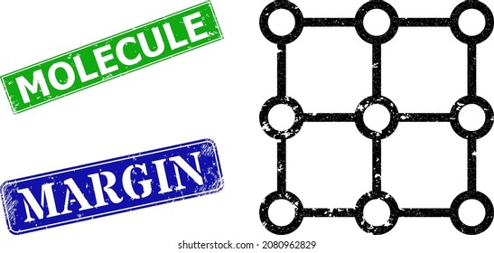 Grunge crystal grid centers icon and rectangular rubber Molecule seal stamp. Vector green Molecule and blue Margin seals with grunge rubber texture, designed for crystal grid centers illustration.