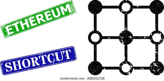 Icono de los nodos de la rejilla de cristal y sello del sello del sello del sello del Eéreo de goma rectangular. Etéreo verde vectorial y marcas de agua de acceso directo azules con textura de caucho grueso,