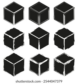 Icono de cubo de Grunge. Símbolo de textura áspera. Vector de caja afligido. Ilustración de forma geométrica.