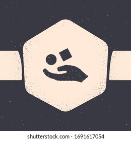 Grunge Cube levitating above hand icon isolated on grey background. Levitation symbol. Monochrome vintage drawing. Vector Illustration