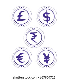Grunge Currency Symbol, Dollar, Pound, Euro, Yen, Rupee, Vector Illustration