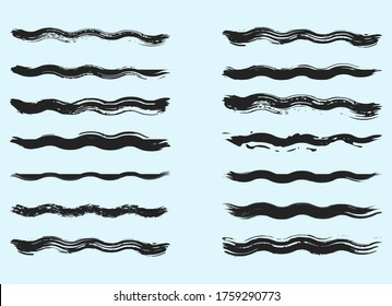 Grunge curve paint brush strokes set, vector, isolated