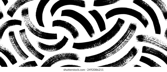 Grunge curved bold brush strokes seamless pattern. Hand drawn vector geometric pattern with curved bold lines, arches. Abstract geometric texture with rough circular brush strokes.