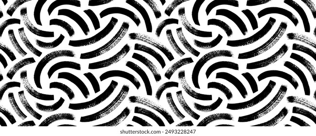 Grunge curved bold brush strokes seamless pattern. Hand drawn vector geometric pattern with curved bold lines, arches. Abstract geometric texture with rough circular brush strokes.