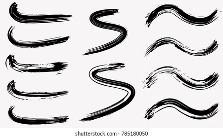 Grunge Curved Dry Brush Strokes. Isolated, Vector.