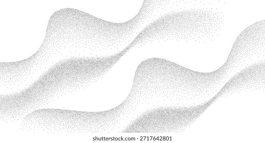 Textura de onda de gradiente curvada de grunge. Fondo de pantalla de dotwork de ruido arenoso. Puntos negros, manchas, partículas o gránulos. Vector de fondo