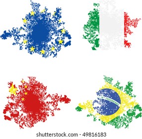 Grunge cut out flags of the European Union, Italy, China and Brazil