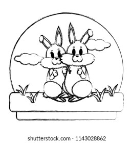 grunge cute couple rabbit standing in the landscape